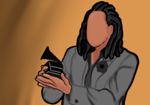 An illustration of a faceless Jay-Z holding up a black Grammy award